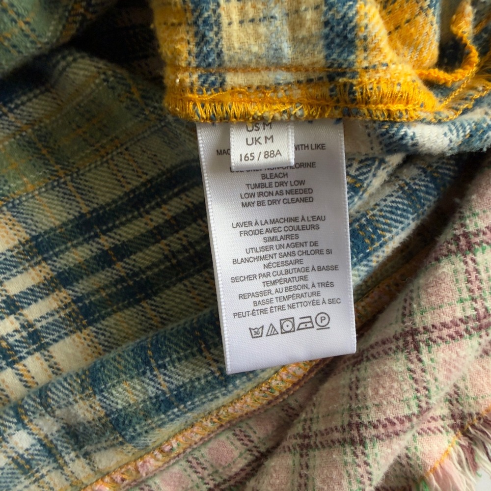 BDG Mixed Plaid Patchwork Oversized Flannel Shirt Womens Medium Yellow Pink Boho - Picture 6 of 12